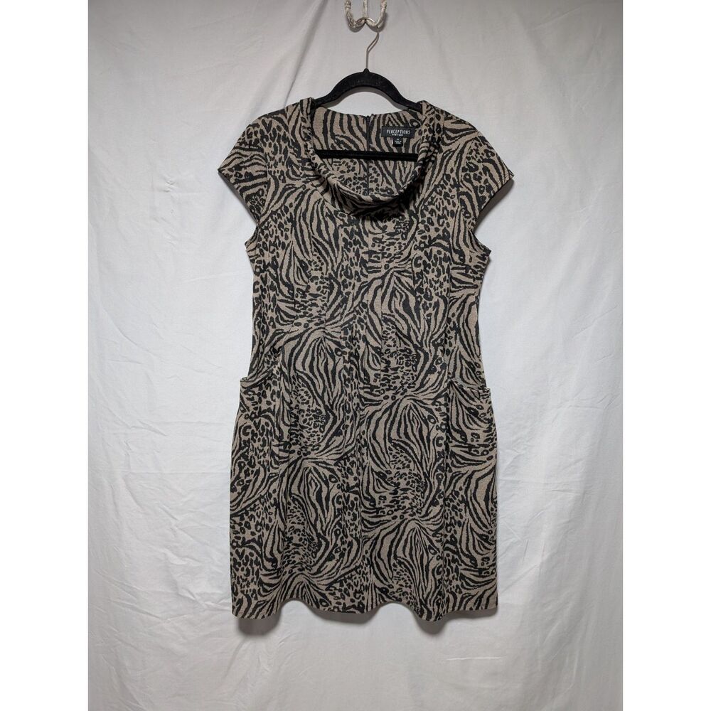 Perceptions Gray Black Animal Print Shift Dress Cowl Neck Pockets Women's 14